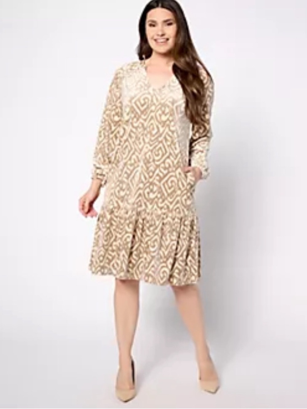 Plus-Size Cream and Tan Printed V-Neck Midi Dress